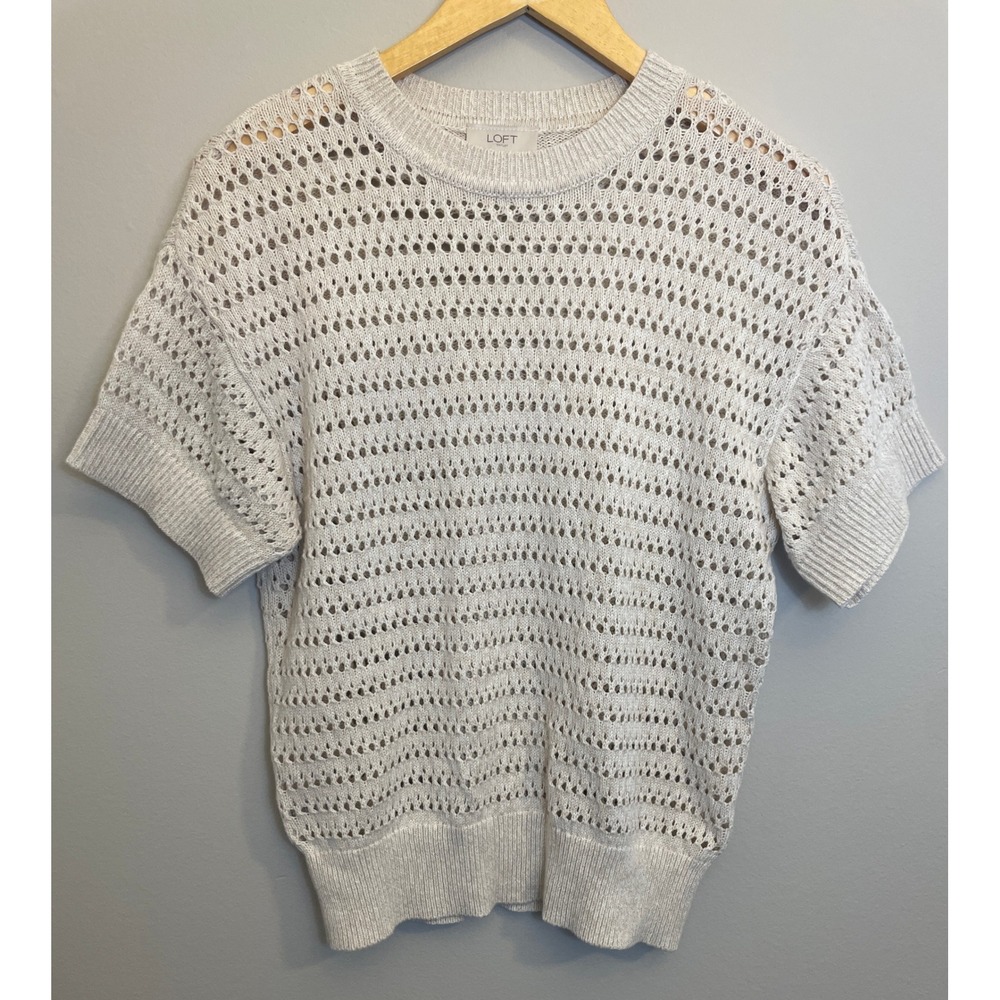 Loft Outlet Womens XS Cream Pointelle Knit Short Sleeve Cotton Sweater Crew Neck